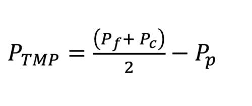 In this equation, PTMP represents the transmembrane pressure, Pf represents the feed stream’s inlet pressure, Pc represents the concentrate stream pressure, and Pp represents the permeate stream pressure. All measurements are in kilopascals (kPa)
